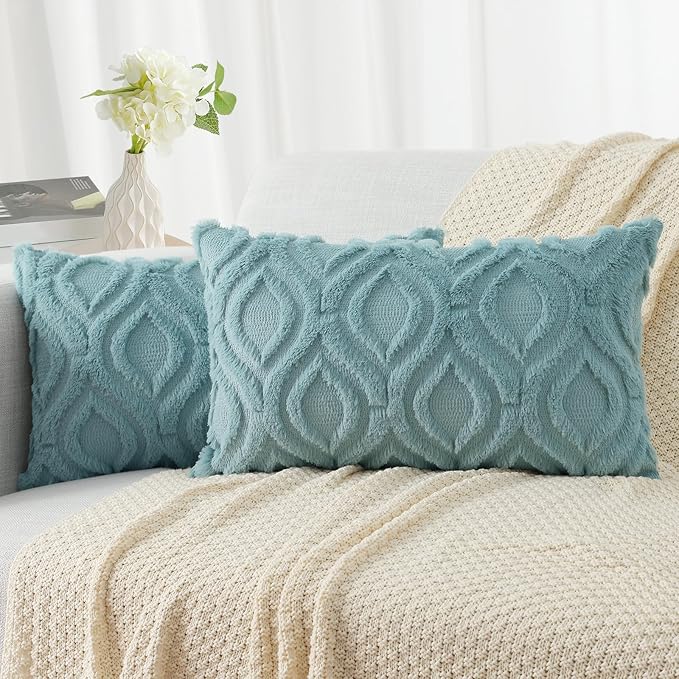decorUhome Summer Throw Pillow Covers 12x20 Inch Set of 2, Soft Plush Faux Wool Aqua Solid Couch Pillow Covers, Accent Farmhouse Neutral Rectangle Pillow Cases for Sofa Bed Living Room