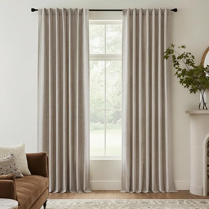 RYB HOME Natural Beige 100% Blackout Linen Curtains for Bedroom 96 inches Long, Thermal Insulated&Privacy Assurd Window Curtains for Living Room Dining Patio Sliding Glass Door, W52 x L96, 2 Panels