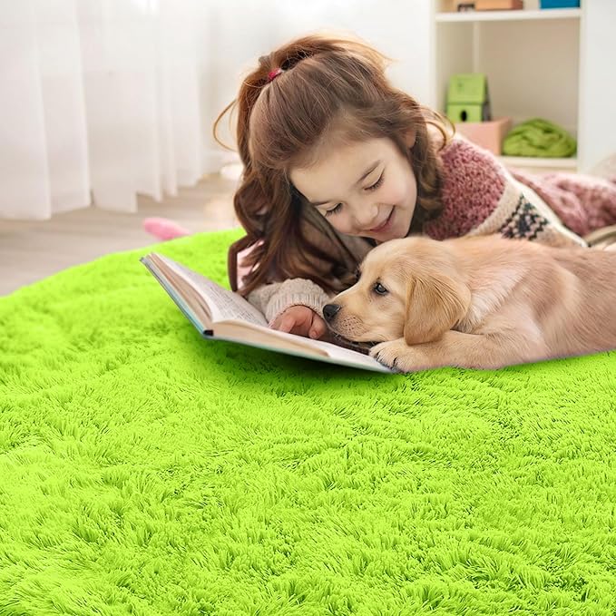 OLANLY Lime Green Round Rugs for Bedroom - Machine Washable, 2 ft Circle Area Rugs for Living Room, Soft and Fluffy Shaggy Carpet for Teen Girl and Boys, Nursery Rooms, Dorms, Home Decor Aesthetic