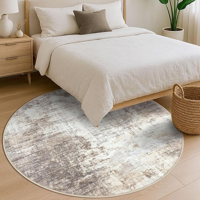 IOHOUZE Abstract Round Area Rug 6 Ft Washable Circle Rugs Large Round Rug Non Slip Thin Soft Circle Rugs, Printed Faux Wool Floor Carpet for Bedroom Living Room Dining Room Nursery, Beige Brown