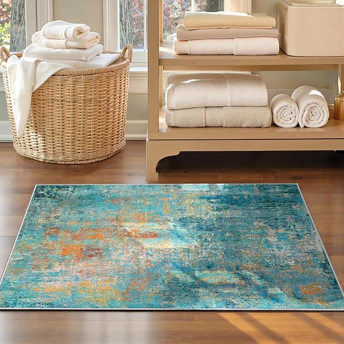 Washable Area Rugs 3'x5' Non-Slip Modern Abstract Soft for Living Room Entryway Bedroom Nursery, Print Pattern, Teal Blue Green Orange Rust Red Coloreful
