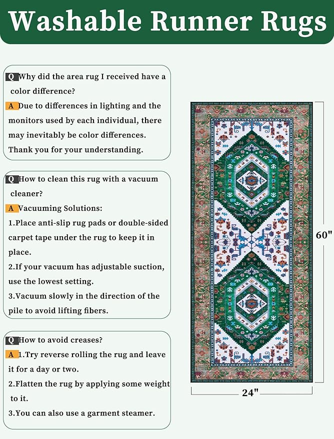 SERISSA Boho Washable Runner Rug, 2x5 Rug Runner Non-Slip Vintage Green White Hallway Kitchen Runner Rug Ultra Soft Print Distressed Floor Carpet Runner for Bedroom Bathroom Laundry Living Room