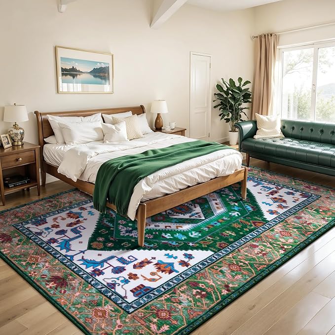 SERISSA Washable Rugs 8x10 Area Rugs, Large Non-Slip Boho Living Room Rug, Ultra Soft Oriental Vintage Green White Print Distressed Carpet for Dining Room Bedroom Dorm Office Home Decor