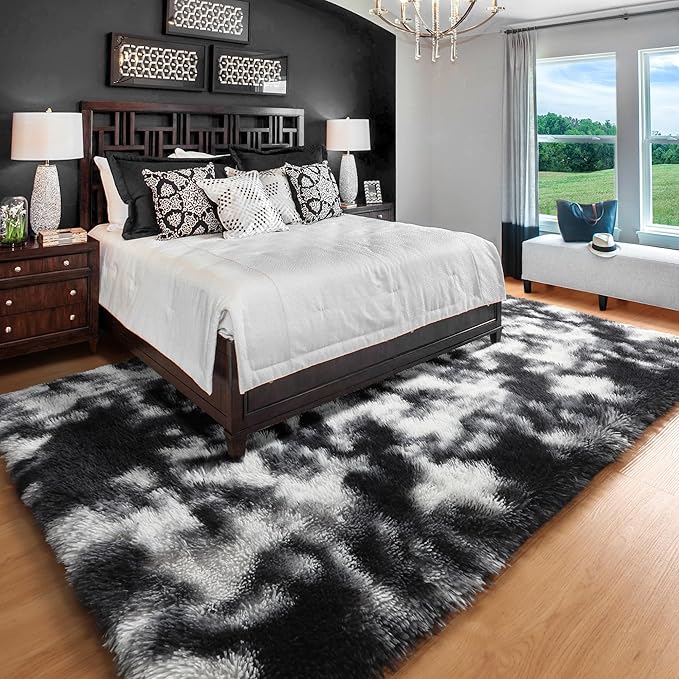 ONASAR Black and White Area Rugs for Living Room, 5x8 Fluffy Bedroom Rug, Soft Plush Shag Floor Carpet for Nursery Kids Girls Boys Teen Baby Dorm Bedside Playroom Indoor Home Decor Aesthetic