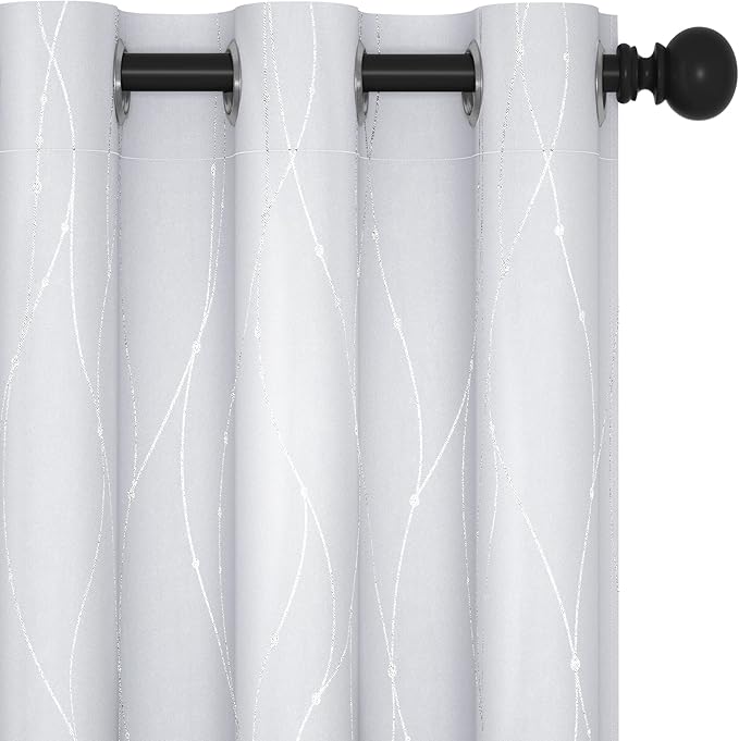 Deconovo Bedroom Curtains, Light Darkening Drapes, Thermal Insulated Soundproof Panel, Silver Wave Dot Print, 42 x 72 Inch, Machine Washable Window Panels for Living Room Home, Set of 2, Greyish White