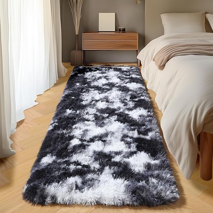 ONASAR Runner Rugs for Bedroom Living Room, Fluffy Black and White 2x6 Bedside Hallway Area Rug, Ultra Soft Plush Furry Faux Fur Non Slip Floor Carpet for Nursery Kids Dorm Closet Home Decor