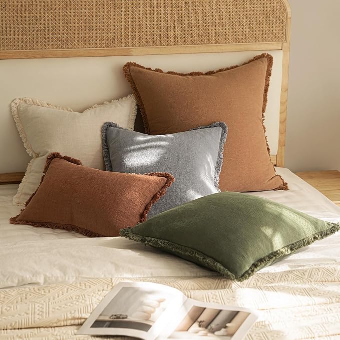 MIULEE Decorative Throw Pillow Covers Neutral Linen Fringe Throw Pillows Euro Shams Set of 2 Light Grey Boho Farmhouse Cushion Covers for Couch Sofa Bed Living Room Spring Home Decor 24x24 Inch