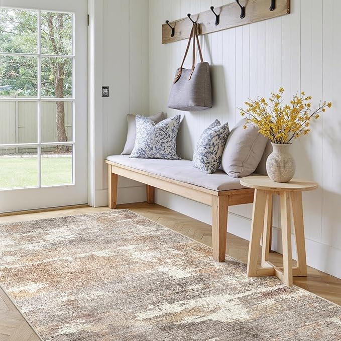 3x5 Washable Entryway Area Rug: Modern Abstract Small Runner Rug Indoor Soft Non Slip Rug for Living Room Low Pile Thin Floor Carpet for Kitchen Dining Room Bedroom Home Office Decor(3x5,Brown/Brick)