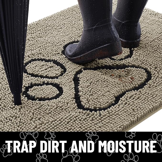 Smiry Dog Door Mat for Muddy Paws, Absorbent Dirt Trapper Non Slip Quick Dry Washable Chenille Mat for Mud Dogs, Entry Rug for Indoor and Outdoor (36x24 Inches, Warm Taupe and Black)