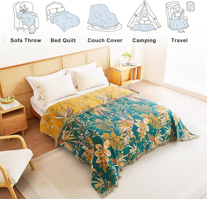 MSGKV Boho Throw Blanket for Couch 100% Cotton Embroidery Blanket 50"x60" Sofa Bed Chair Muslin Spring Breathable All Seasons Lightweight Farmhouse Blankets Home Decor