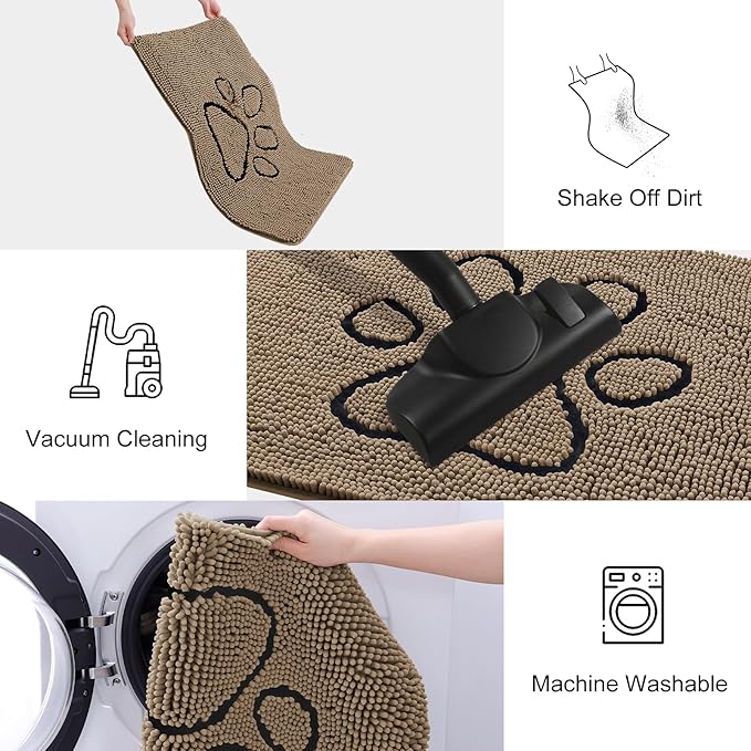 Smiry Dog Door Mat for Muddy Paws, Absorbent Dirt Trapper Non Slip Quick Dry Washable Chenille Mat for Mud Dogs, Entry Rug for Indoor and Outdoor (47x24 Inches, Camel and Black)