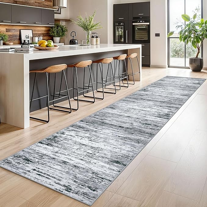 Lansny Modern Abstract Runner Rug 2.6x14, Black Grey White Washable Long Kitchen Runner Non-Slip Soft Hallway Rug Runner Thin Print Faux Wool Carpet for Entryway Bedroom Laundry Room Indoor Home Decor