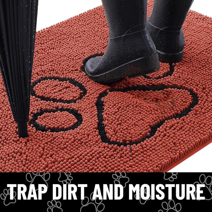 Smiry Dog Door Mat for Muddy Paws, Absorbent Dirt Trapper Non Slip Quick Dry Washable Chenille Mat for Mud Dogs, Entry Rug for Indoor and Outdoor (48x30 Inches, Maple Red and Black)