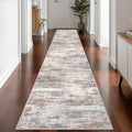 KOZYFLY Modern Abstract Washable Rug Runner 2.6x14 Hallway Rug Runner Non-Slip Soft Kitchen Runner Rugs, Multi Grey/Orange Striped Carpet for Entryway Bathroom