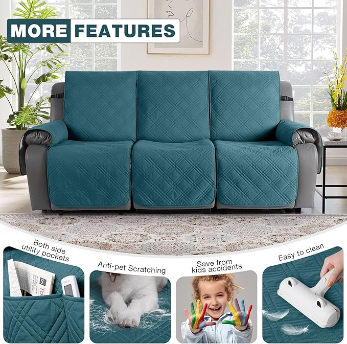TAOCOCO 100% Waterproof Recliner Sofa Cover, Non Slip Split Couch Covers for Reclining Couches with Straps, Washable Reclining Sofa Cover Furniture Protector for Kids Pets(3 Seater, Peacock Blue)