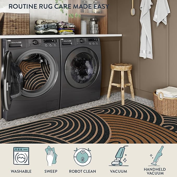 Lahome Enfys Modern Rainbow Easy Jute Carpet, Washable Rugs 5x7 for Living Room Black Farmhouse Dining Room Rug, Contemporary Natural Throw Mat Non Slip Floor Carpet for Office RV Patio