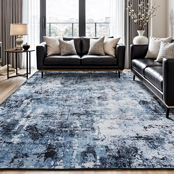 Rugflix 9x12 Area Rugs for Living Room, Washable Large Rug Stain-Resistant Low Pile, Modern Dark Carpet for Dining Room Home Office Kid Room Nursery Bedroom, Navy Blue/Black