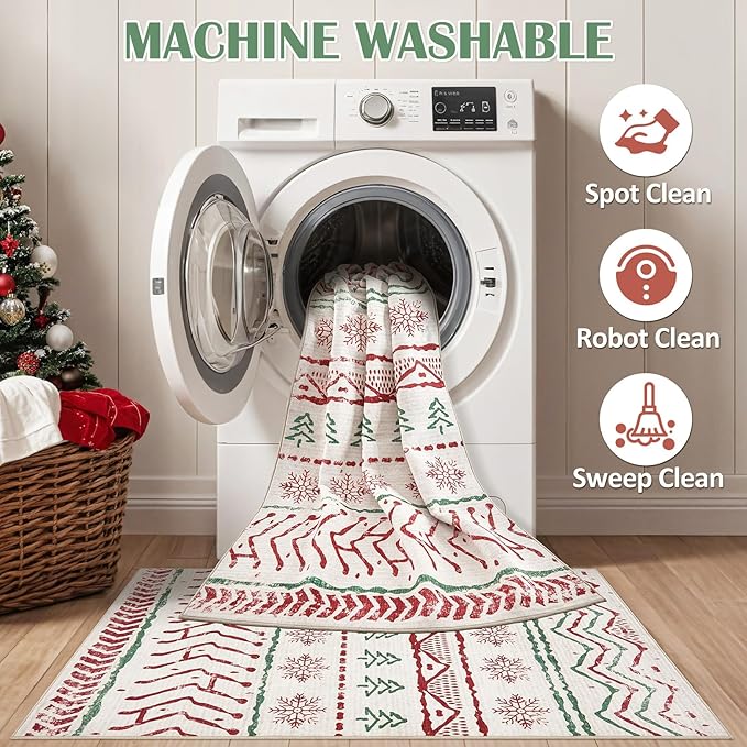 Nakagishi Christmas Rugs: 8x10 Washable Boho Large Neutral Soft Rug Stain Resistant Modern Indoor Floor Non-Slip Carpet for Bedroom Nursery Kids Playroom Office Dining Room Dorm