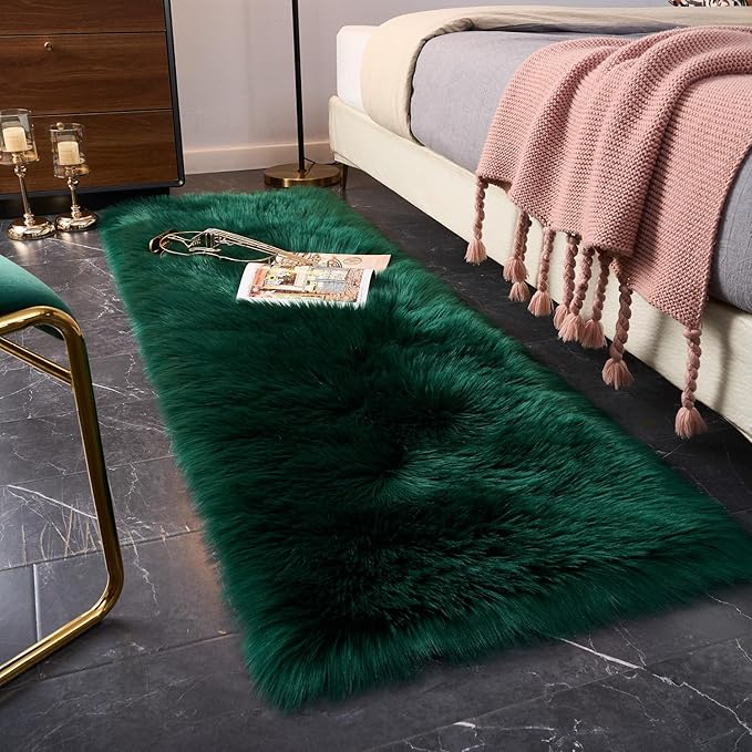 EasyJoy Ultra Soft Fluffy Rugs Faux Fur Rug Chair Cover Seat Pad Fuzzy Area Rug (2x6 ft Rectangle, Dark Green)