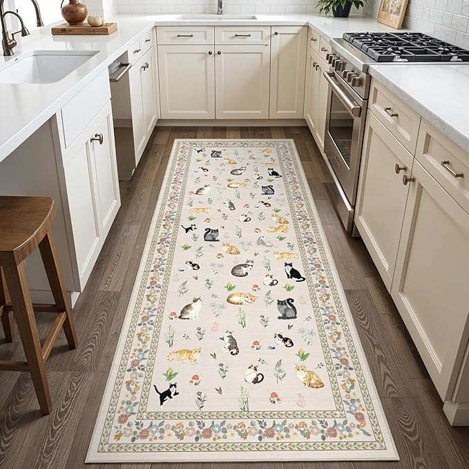 2x5 Washable Kitchen Runner Rug - Soft Low Pile Floral Animal Cat Print Rugs with Non-Slip Backing Waterproof Stain-Resistant Indoor Carpet for Hallway Entryway Bathroom Bedroom (Light Beige)