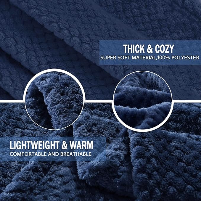 Exclusivo Mezcla Fleece Bed Blanket King Size, Super Soft and Warm Blankets for Couch, Sofa and Bed Waffle Textured, Cozy, Fuzzy and Lightweight (Navy Blue, 90x104 Inches)