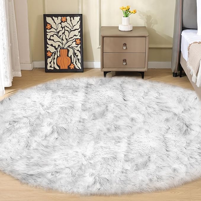 ORINOVA White and Grey Shaggy Round Rugs 6.6ft Large Circle Washable Faux Sheepskin Furry Fur Rugs for Bedroom Living Room Nursery Rug Home Décor