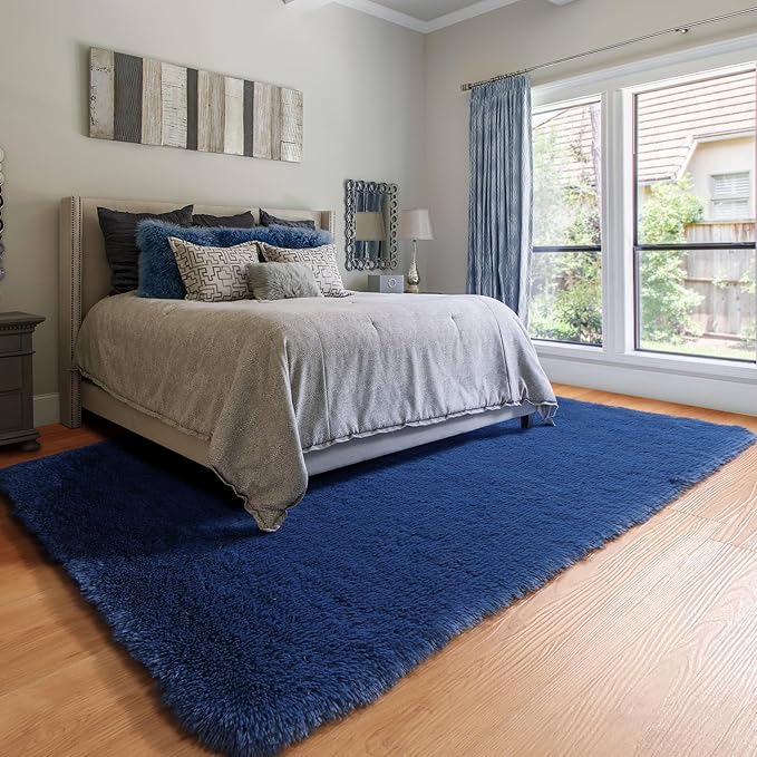 ONASAR Navy Blue Area Rugs for Living Room Bedroom, 5x8 Fluffy Bedside Rug, Soft Plush Fuzzy Shaggy Indoor Floor Carpets for Nursery Kids Boys Girls Men Teen Playroom Home Decor Aesthetic