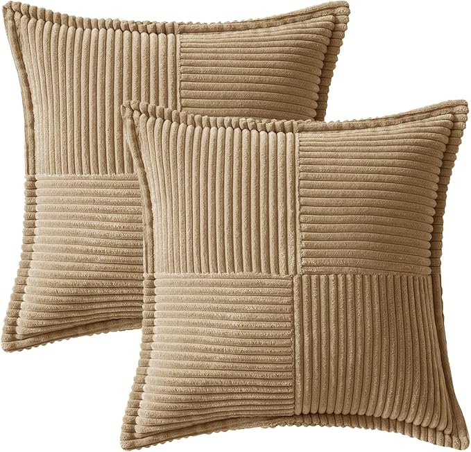 MIULEE Khaki Corduroy Decorative Euro Sham Pillow Covers 24x24 Inch with Splicing Set of 2 Soft Boho Pillow Covers Broadside Textured Pillowcases for Couch Bed Livingroom