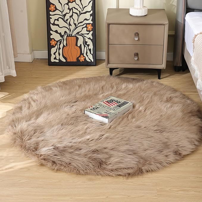 ORINOVA Beige Round Rugs 6ft Fuzzy Faux Sheepskin Washable Fluffy Fur Area Rugs for Bedroom Large Circle Nursery Living Room Shag Rug