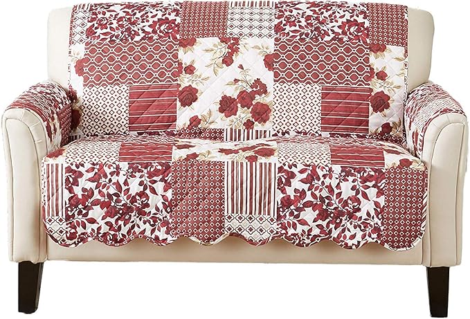 Great Bay Home Reversible Patchwork Loveseat Cover - Washable Slipcover Furniture Protector with Elastic Straps - Perfect for Kids & Pets - Box-Stitched Detail (Burgundy)