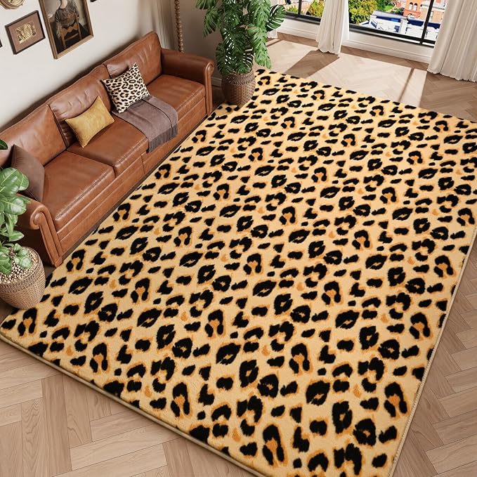Amearea Soft Leopard Rugs for Bedroom Living Room, 6x9 Modern Cheetah Print Thickened Memory Foam Rug, Fluffy Indoor Washable Animal Rugs Carpet for Kids Boys Girls Dorm Nursery Room Decor, Khaki