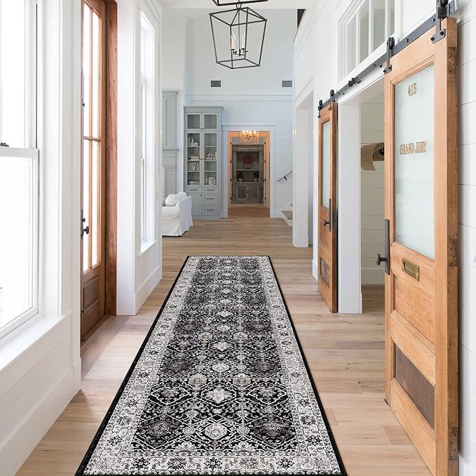 Hallway Washable Runner Rug - 2x7 Kitchen Rugs Entryway Rug Runner Vintage Soft Floor Mat Non Slip Indoor Farmhouse Carpet for Bathroom Living Room Bedroom (2 X 7, Black)