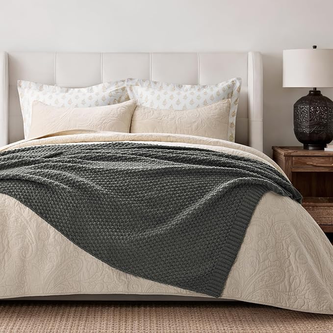 EVERGRACEHOME Chunky Chenille Knit Throw Blanket for Couch, Soft Luxurious Moss Stitch Blankets for Bed, Cozy Decorative Farmhouse Knitted Throws for Sofa, Charcoal Gray, 50" x 60"