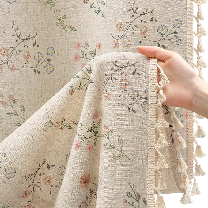 Boho Floral Spring Light Filtering Curtains 90 Inch Length 2 Panels Set, Farmhouse Semi Sheer Bedroom Living Room Vintage