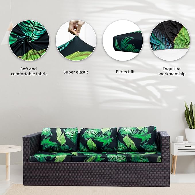 8Pcs Stretch Patio Cushion Covers,Outdoor Couch Covers Replacement,Outdoor Couch & Sofa Slipcovers,for Patio Furniture Cushion Covers,Washable Reusable urniture Protector(Green Leaf,8PCS)