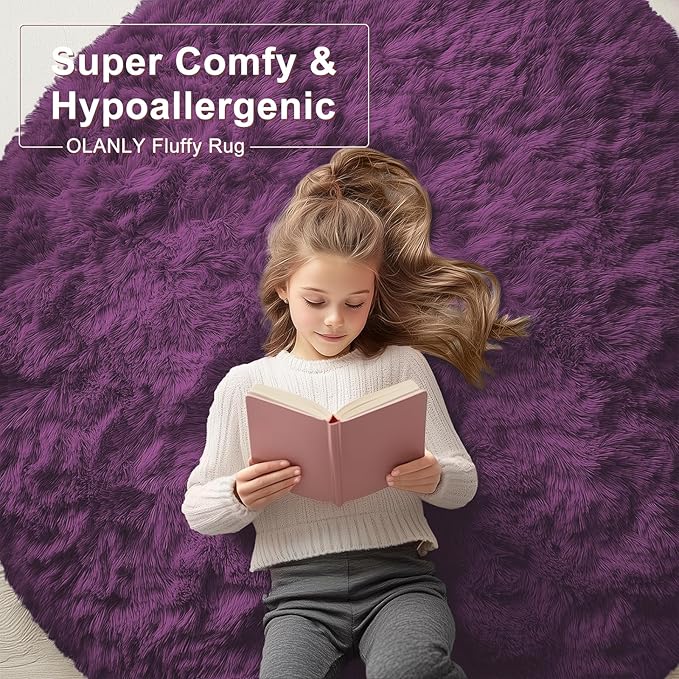 OLANLY Dark Purple Round Rugs for Bedroom - Machine Washable, 4 ft Circle Area Rugs for Living Room, Soft and Fluffy Shaggy Carpet for Teen Girl and Boys, Nursery Rooms, Dorms, Home Decor Aesthetic