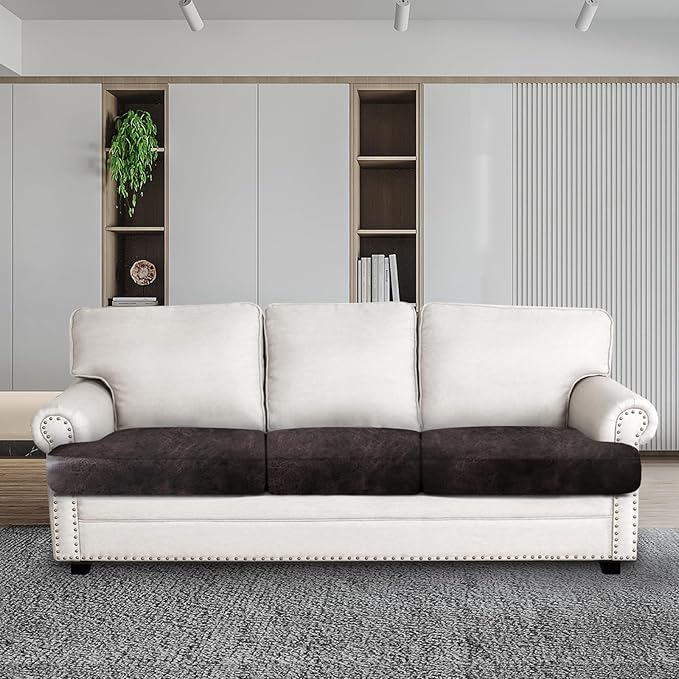 Leather Look Couch Cushion Covers Sofa Seat Slipcovers Sets Couches Furniture Protector for Sectional Armchair Loveseat Pets Kids Stretch Spandex Fabric (3 T-Cushion Sofa, Chocolate)