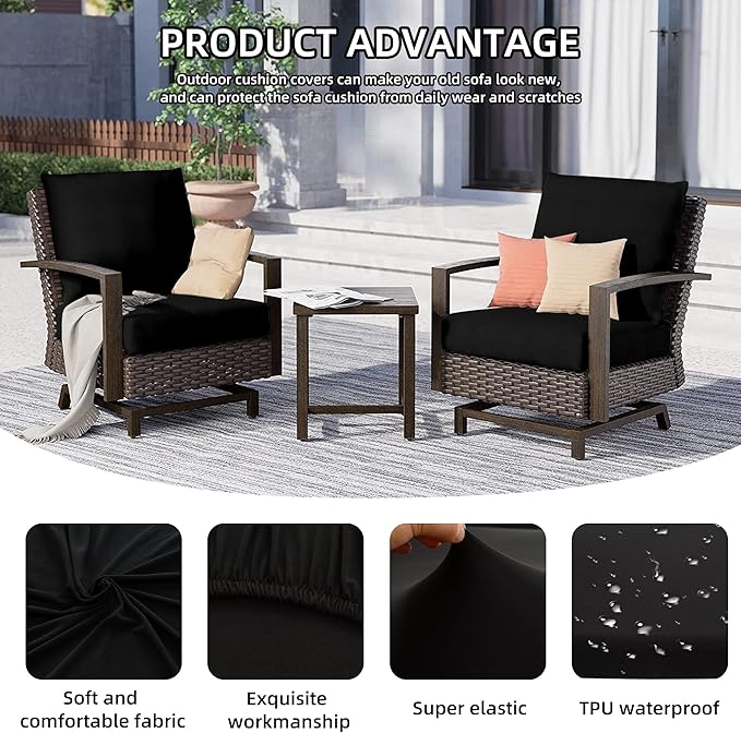 12Pcs Outdoor Cushion Covers, Patio Cushion Covers,Stretch Elastic Slipcovers, Replacement Washable & Reusable Furniture Protector for Patio Couch (Black,Cover Only)