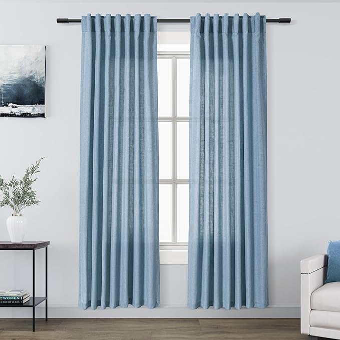 Nanspring Blue Curtains 80 Inches Length for Living Room Back Tab Rod Pocket Semi Sheer Linen Drapes Muted Neutral Boho Dusty Blue Linen Textured Window Curtain for Dining Room Bedroom 52X80 Inch