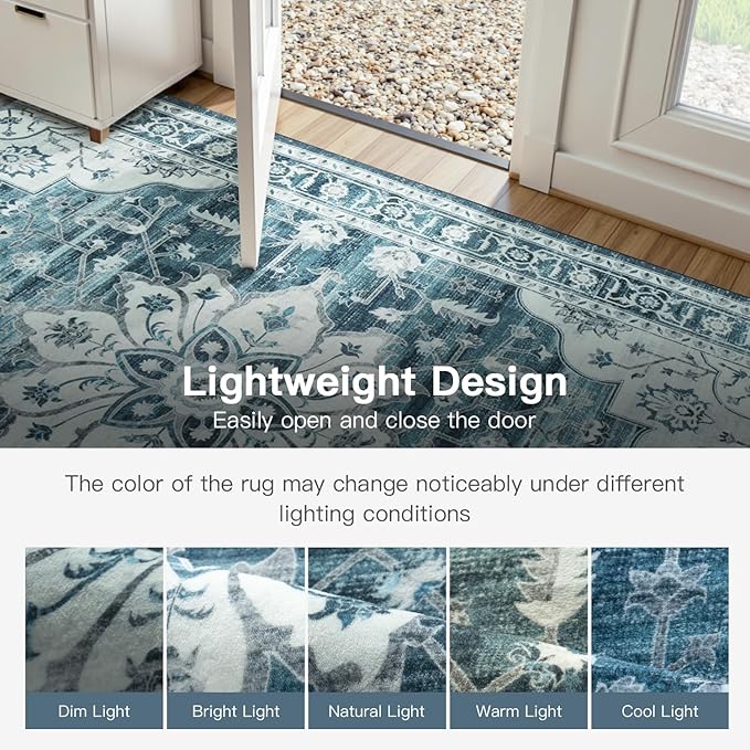 Lofus 8x10 Washable Area Rug, Vintage Floral Rugs for Living Room, Bedroom, Dinning Room, Low Pile Large Area Rugs with Non-Slip Backing, Sunflower Print Pattern, Neutral Blue