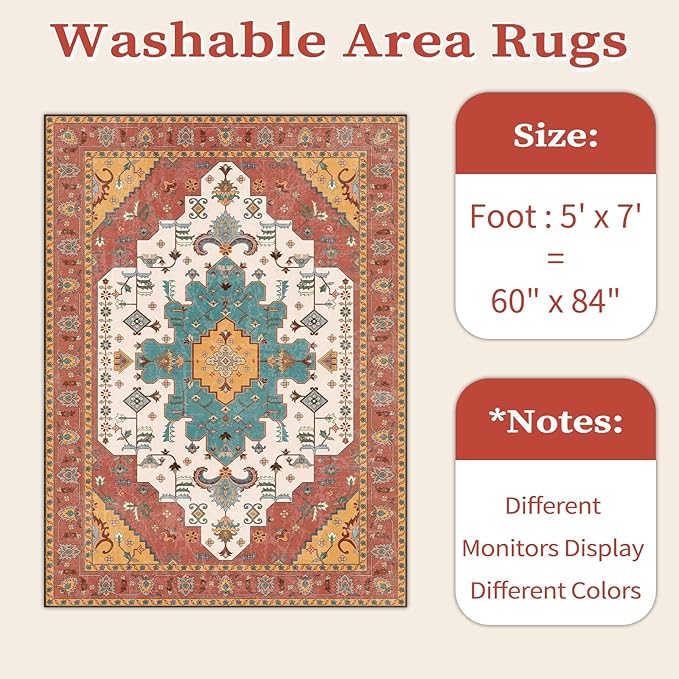 SERISSA Boho Area Rug 5x7 Orange, Washable Large Rugs for Living Room, Ultra Soft Non-Slip Bedroom Rug Print Distressed Vintage Tribal Farmhouse Carpet Rug for Dining Room Dorm Office Home Decor