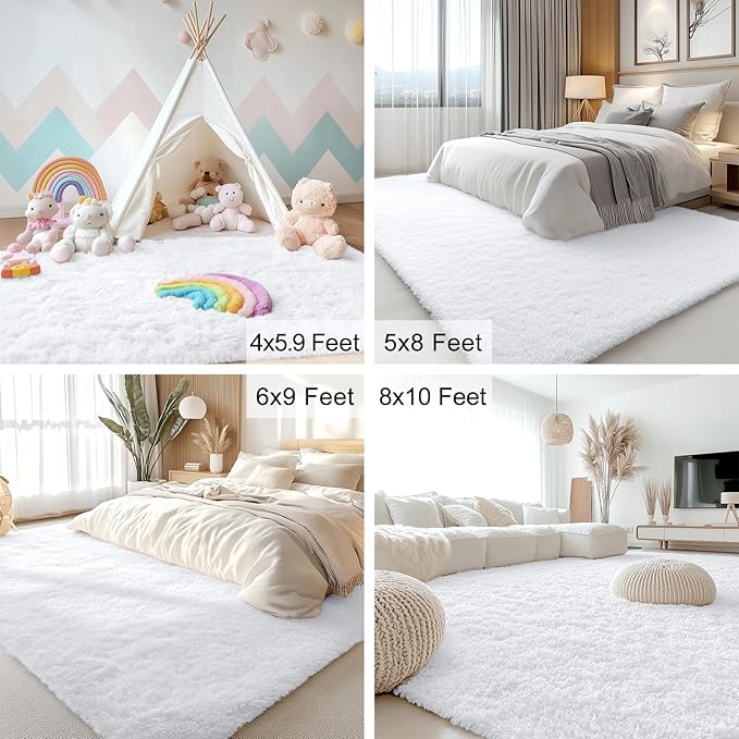 OLANLY 7x8 Machine Washable Large Area Rugs for Living Room, Bedroom, Soft Fluffy Shaggy Bedside Rug, Indoor Floor Carpet for Kids Girls and Boys, Dorms, Nursery, Home Decor Aesthetic, White