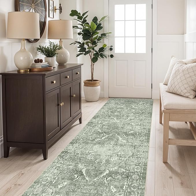 2'6"x8' Washable Hallway Runner Rug - Non Slip Kitchen Runner Rugs with Rubber Backing Vintage Low-Pile Carpet Runners for Entryway Dining Room Laundry Room Home Decor (Muted Sage Green)