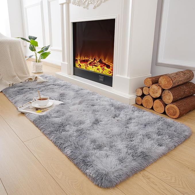 Chicrug Soft Runner Rugs for Bedroom Living Room Plush Fluffy Rug 2x8 Feet, Shag Furry Area Rug Carpet Non Shedding for Nursery Children Kids Girls Room Home Decorative, Grey and White