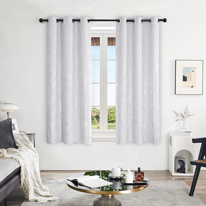 Deconovo Greyish White Curtains, Room Darkening Curtain, Thermal Insulated Soundproof Drapes, Silver Branch Print, 42 x 54 Inch Long, Grommet Window Panels for Living Room Bedroom Kitchen, Set of 2