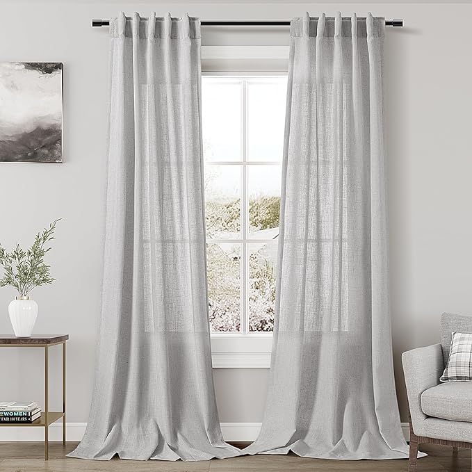 Nanspring Grey Linen Semi Sheer Curtains 108 Inches Long 2 Panels Back Tab Loop Pocket Boho Large Window Curtains Extra Long Light Filtering Drapes High Ceiling Curtains for Living Room 40x108