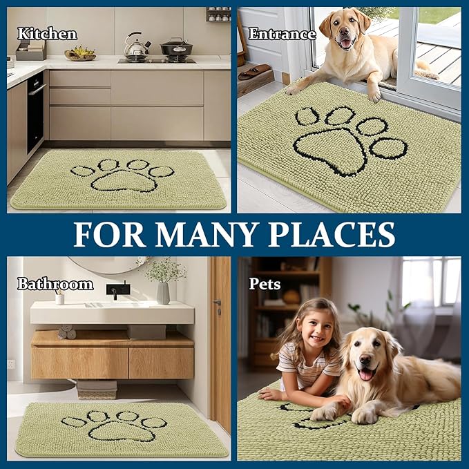 OLANLY Dog Door Mat for Muddy Paws 36x24, Paw Print Design, Absorbs Moisture and Dirt, Absorbent Non-Slip Washable Doormat, Quick Dry Chenille Mud Mat for Dogs, Entry Indoor Entryway Carpet, Vanilla