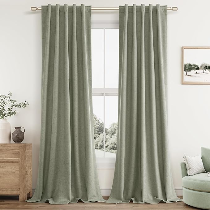 Sage Green 100% Blackout Curtains 84 Inch Length 2 Panels Set for Living Room Bedroom Back Tab Thermal Insulated Black Out Linen Drapes Room Darkening Window Curtains 40 Wide