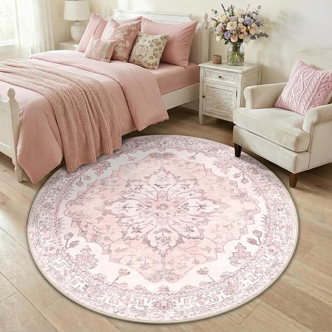 Area Rugs 5ft Washable Non-Slip, Floral Vintage Distress Print Pattern Medallion Carpet for Living Room Bedroom Dining Room, Pink Greypink Cute