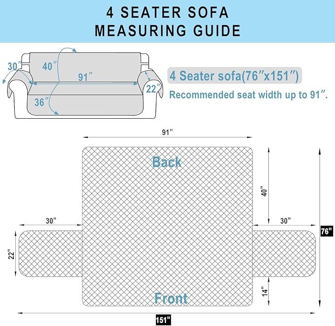 Reversible 4 Seater Sofa Cover 91 Inch Large Couch Cover Furniture Protector(Sofa XX-Large,Blue/Beige)